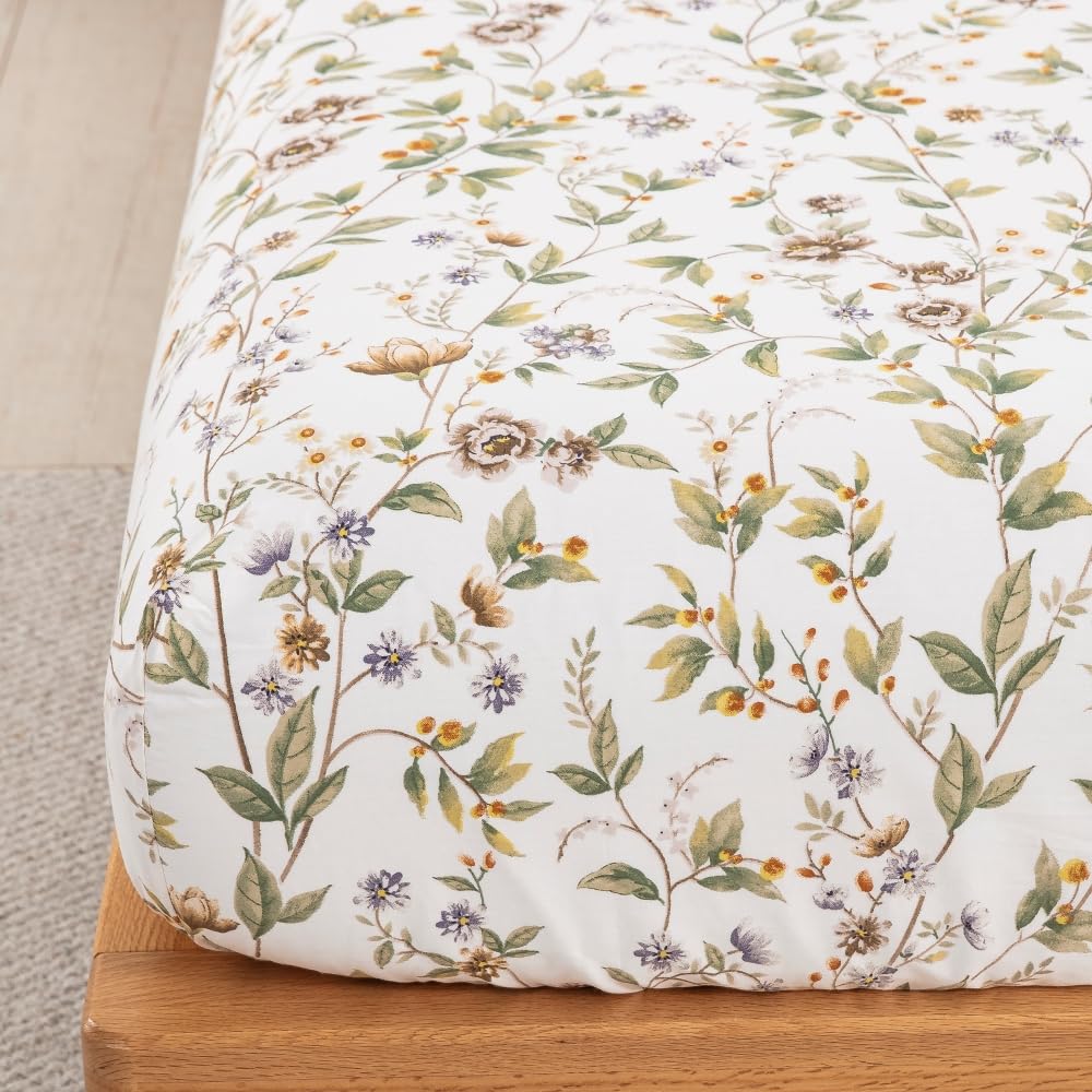 DAUAOTO 100% Cotton Bedding Printed Sheets Set for Queen Size Bed Up to 14" Deep Mattress, Farmhouse Pattern Bedlinen Sets, Botanic Green