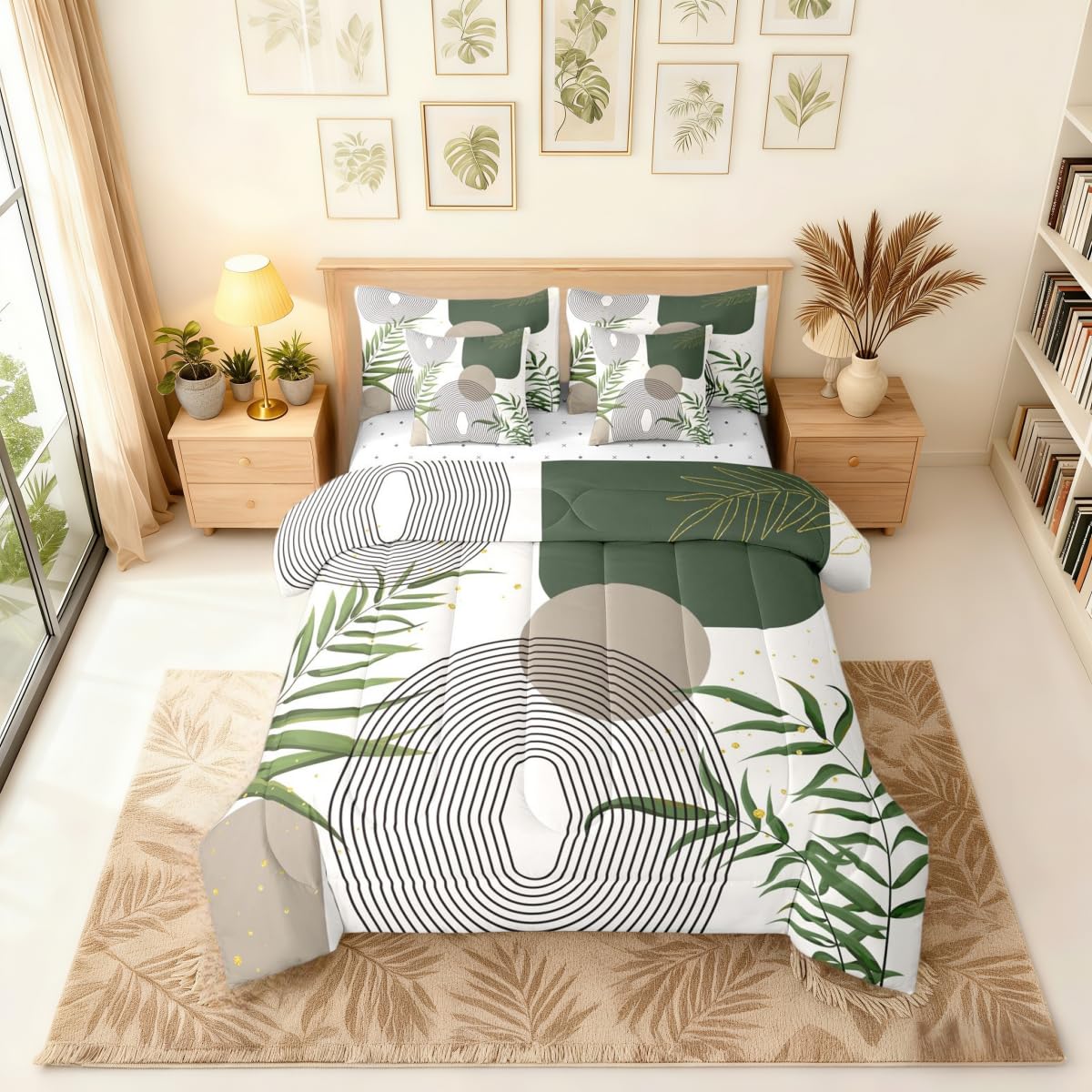 Erosebridal Boho Mid Century King Size 7 Pcs Bedding Set, Abstract Geometric Comforter Set with Sheets, Modern Bohemian Minimalist Bed Sets, Grey Green Circle Contemporary Chic Bed in A Bag