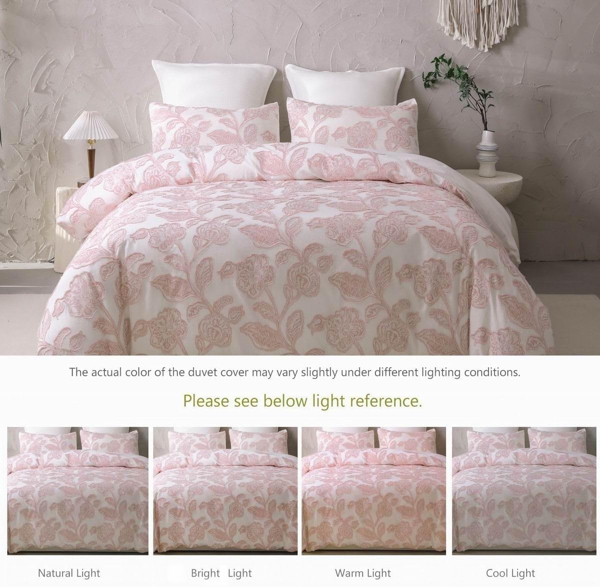 meadow park Cotton Clipped Jacquard Duvet Cover Set King, 3 Pieces Jacobean Floral Bedding Set (Pink, King)