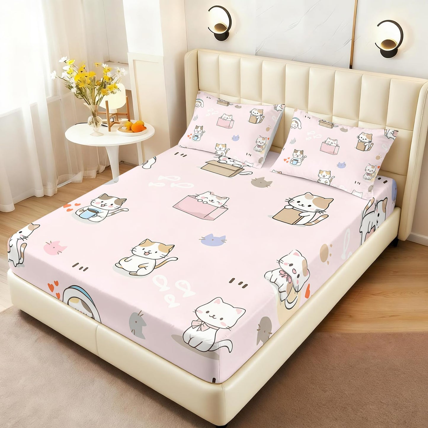 AILONEN Sticker Cat Twin Fitted Sheet Set, 3 Piece Microfiber Bedding Pack with 2 Pillowcases, 16 Inch Deep Pocket, Cute Animal Room Style