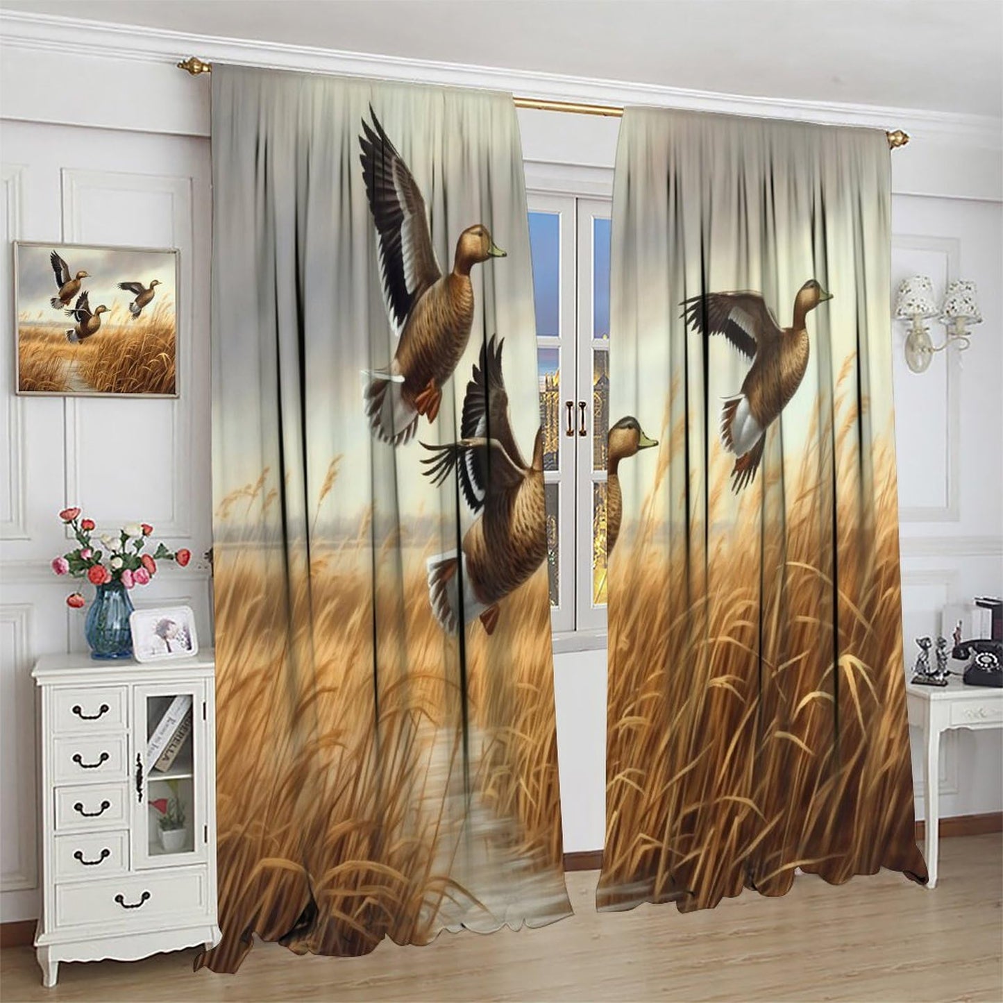 wlsgdsg Mallard Duck Curtains, Vintage Rustic Oil Painting Brown Reeds Pond Lodge Hunting Mallard Duck Animals Windows Treatments Drapes for Living Room Bedroom 42x45in（No Blackout）