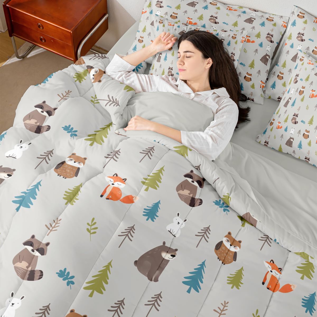 Erosebridal Woodland Animals 7 Piece Comforter Set Twin for Nursery Child Bedroom | Cute Fox Bear Raccoon Bedding Set Wildlife Sheet Set Kids Cartoon Wild Animals Duvet Insert Botanical Trees Quilt