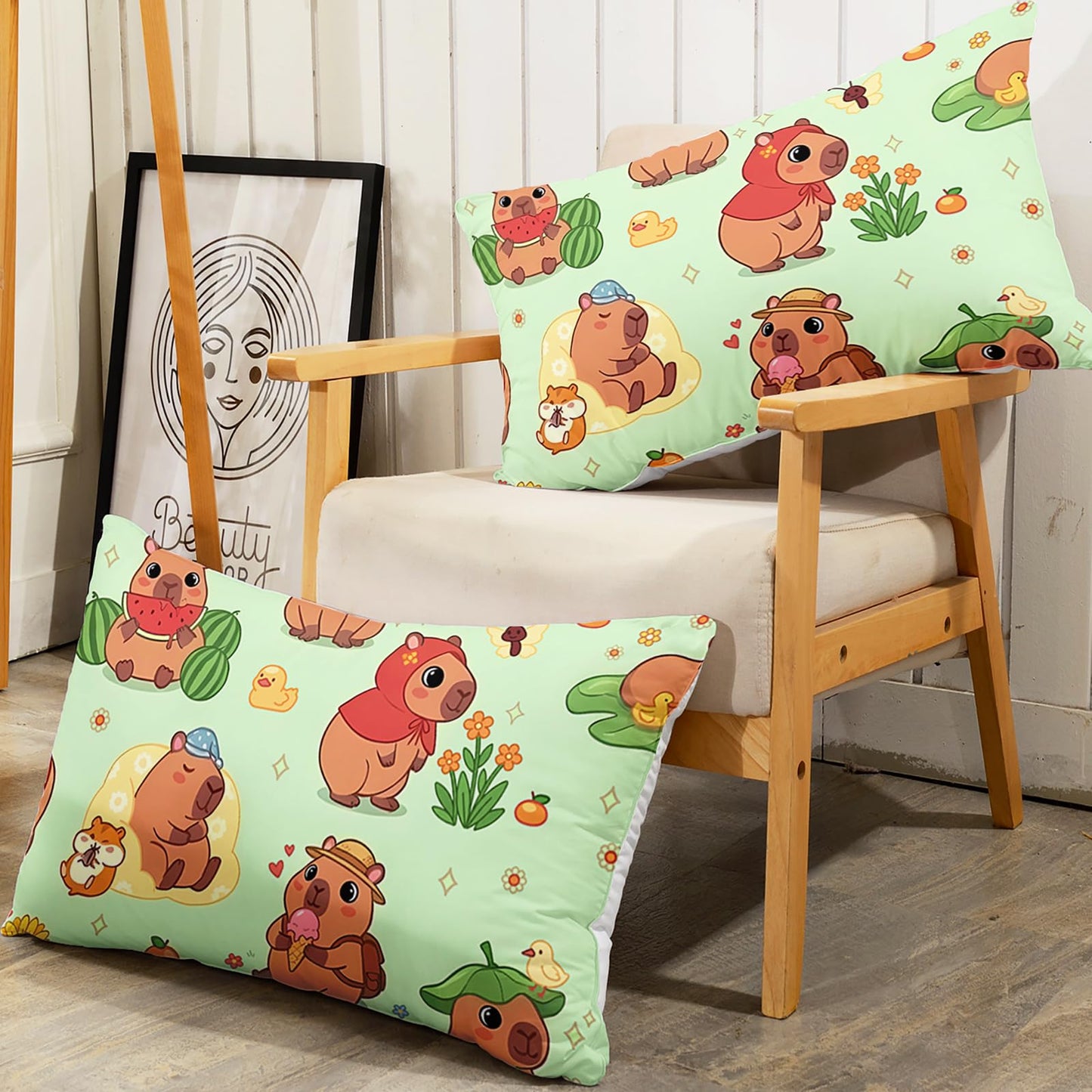 AILONEN Kawaii Capybara Fitted Sheet Set Twin Size, Boys Girls Cartoon Cute Capybara Bedding Set for Kids Teens,Grass Green Bed Sheet Set,1 Fitted Sheet + 2 Pillowcases,3 Piece