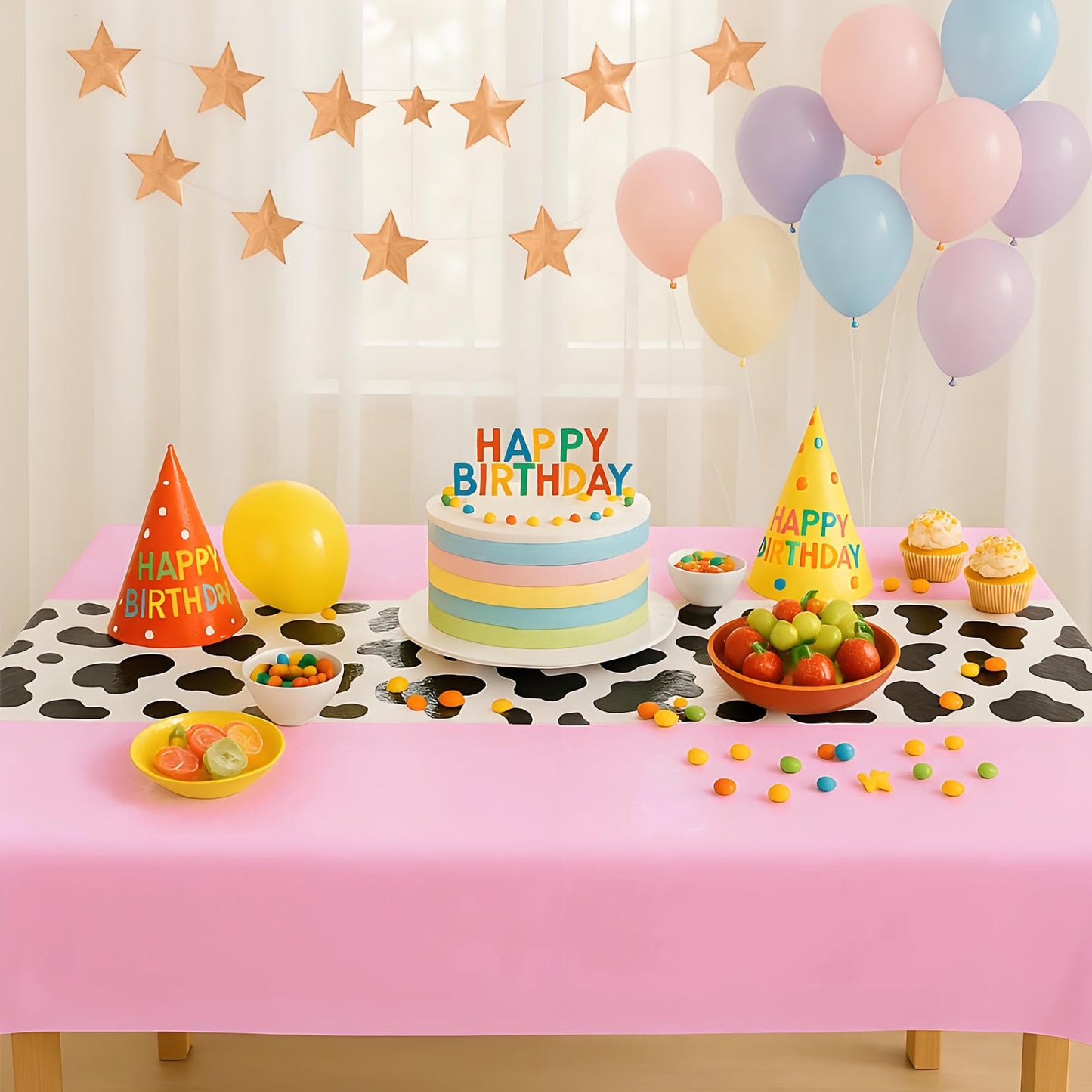 iCrius 3 Pack 108 x 54 Inch Cow Print Tablecloth Cow Plastic Table Cover Birthday Party Table Cloth Disposable Plastic Farm Animal Party Cover for Disco Cowgirl Decorations Supplies Pink