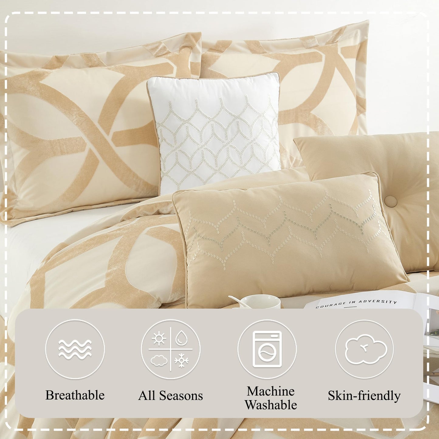 Stratford Park Grand Avenue Gold Comforter Set King, Polyester Geometric 7 Piece Bedding, Jacquard with Matching Solid Microfiber Piece Work, All Season Bedding Sets, Matching Bedskirt, Pillow Shams