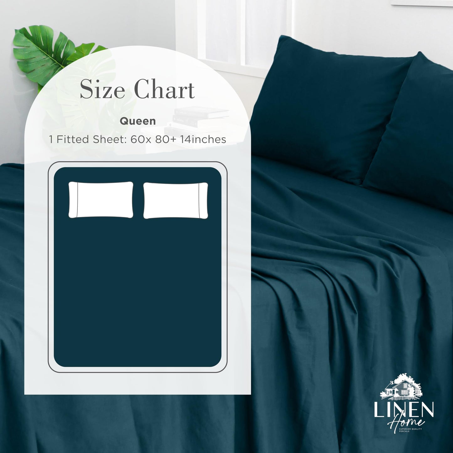 Linen Home Washed Cotton Percale Fitted Sheet Queen Size, Navy Blue, 1 Deep Pocket Fitted Sheet, Soft and Cool Strong Bed Linen, 60"X80"+14"