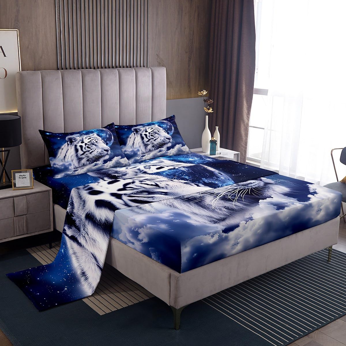 Galaxy White Tiger Bed Sheets King,Wild Animal Print Bed Sheet Set Boho Nebulas Stars and Moon Wildlife Bedding Set Outer Space Bed Cover Sky Starry Fitted Sheet + Blue Flat Sheet + 1 Pillow Case