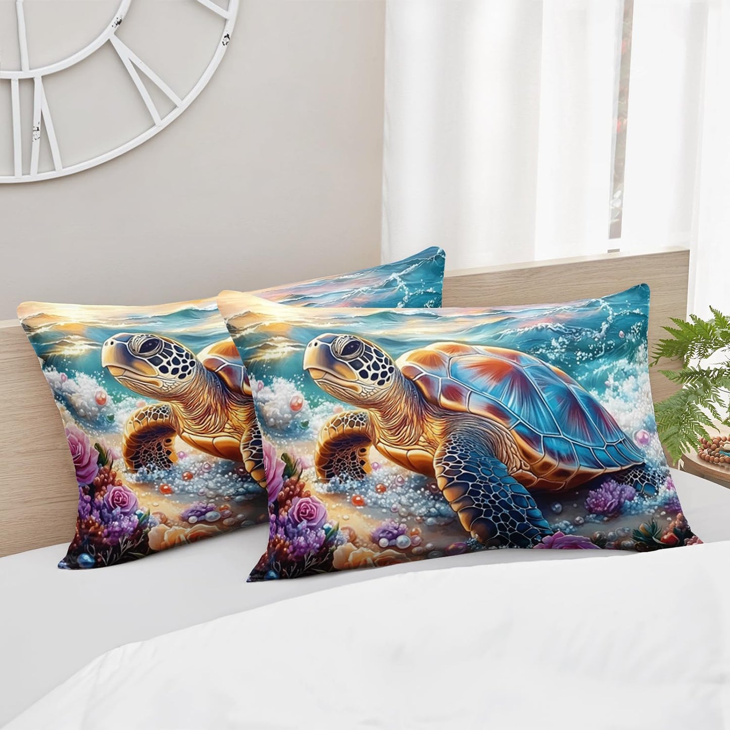 HOSIMA Sea Turtle Twin Fitted Sheet for Boys Room Decor,Blue Sea Turtle Srrounded by Flowers Pearl Print Coastal Bedding,Ocean Themed Bedding for Teens Girls,1 Fitted Sheet+2 Pillowcases.