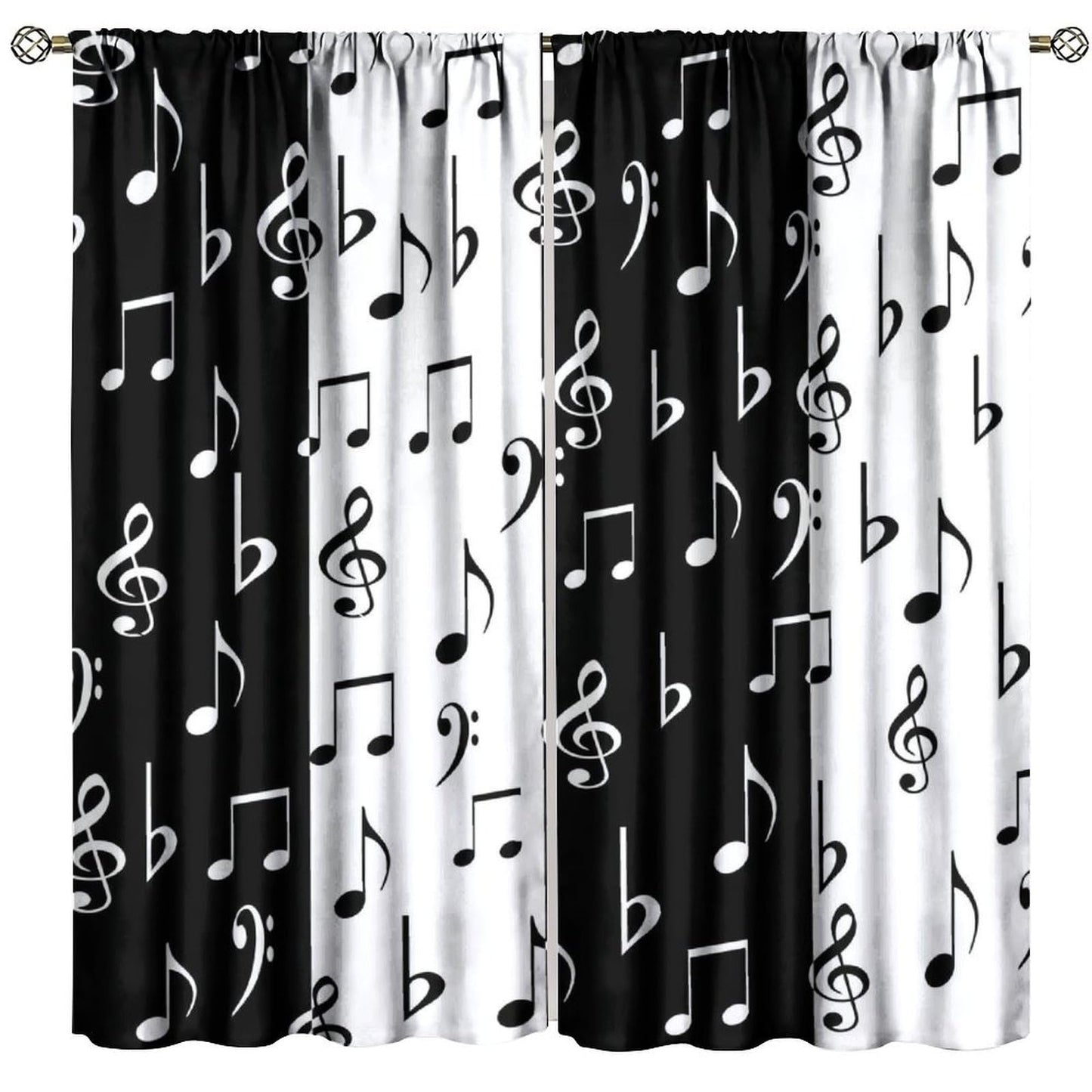 HZOHNAGO Music Curtain Black and White Music Notes Pattern Blackout Print Rod Pocket Window Drapes for Bedroom Living Room 42x45in