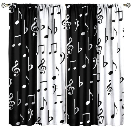 HZOHNAGO Music Curtain Black and White Music Notes Pattern Blackout Print Rod Pocket Window Drapes for Bedroom Living Room 42x45in