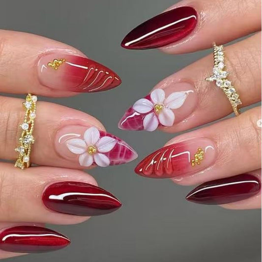 octoswave Press on Nails Medium Almond Fake Nails 3D Flowers Artificial Nail Embossed Designs Stick on Nail for Women 24pcs