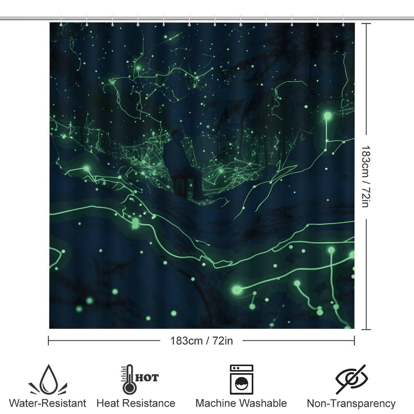 LMNGH Shower Curtain Set Glow in The Dark Bathroom 4 Set with Non-Slip Rugs Toilet Lid Cover and Bath Mat Waterproof Bath Accessories for Bathroom Decor Set 72" X 72"