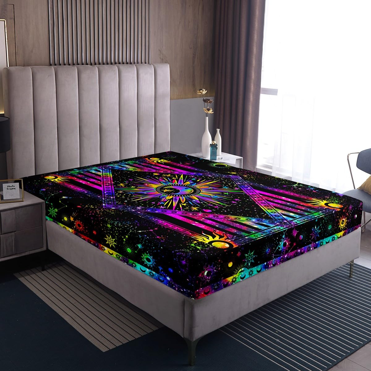 Sun and Moon Sheet Set, Rainbow Tie Dye Bed Sheets Psychedelic Hippie Trippy Galaxy Bedding Aesthetic Celestial Astrology Flat Sheet Cosmic Constellation Zodiac Fitted Sheet, Black Bedroom Decor 4Pcs