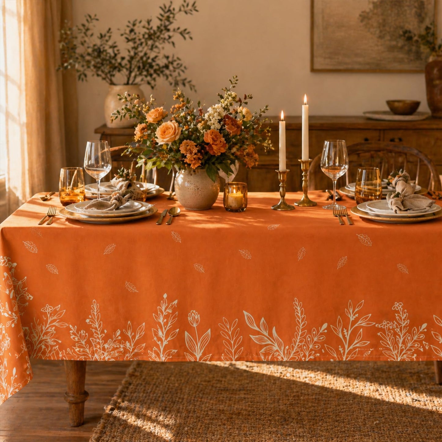 Juynyyn Fall Tablecloth 60x84 Inch Rectangular, Thanksgiving Autumn Harvest Orange Wild Flowers Table Cover for Party Picnic Dinner Decor