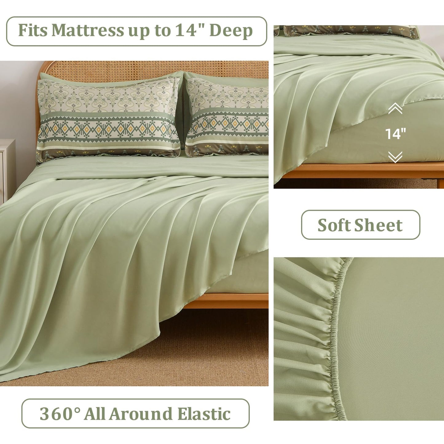 Boho Comforter Set Queen Size,7 Pieces Sage Green Bedding Set Bed in a Bag,Paisley Floral Comfortet and Sheet Set,Soft Striped Bohemian Comforter with Sheet for All Season