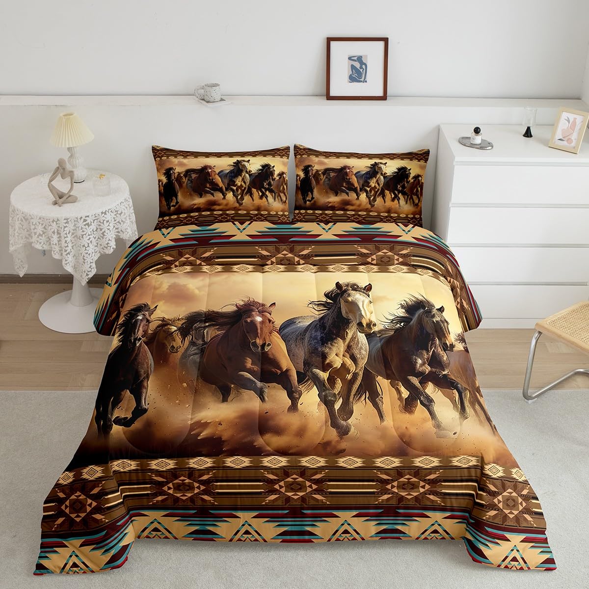 Feelyou Boho Comforter Set King Size Horses Comforter Southwestern Native Aztec Bedding Set Retro Exotic Boho Duvet Set Room Decor Dark Brown Quilt Set