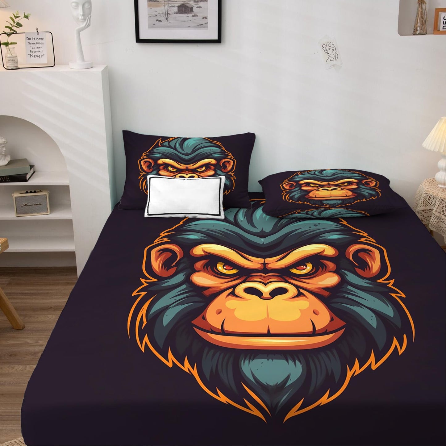 Chimpanzee Sheets Queen Size, Gorilla Bed Sheets, Patterned Bedding Sheets & Pillowcases 4 Piece Set - Soft Microfiber Deep Pocket Fitted Sheet & Flat Sheet & 2 Pillow Cases J9-&-192
