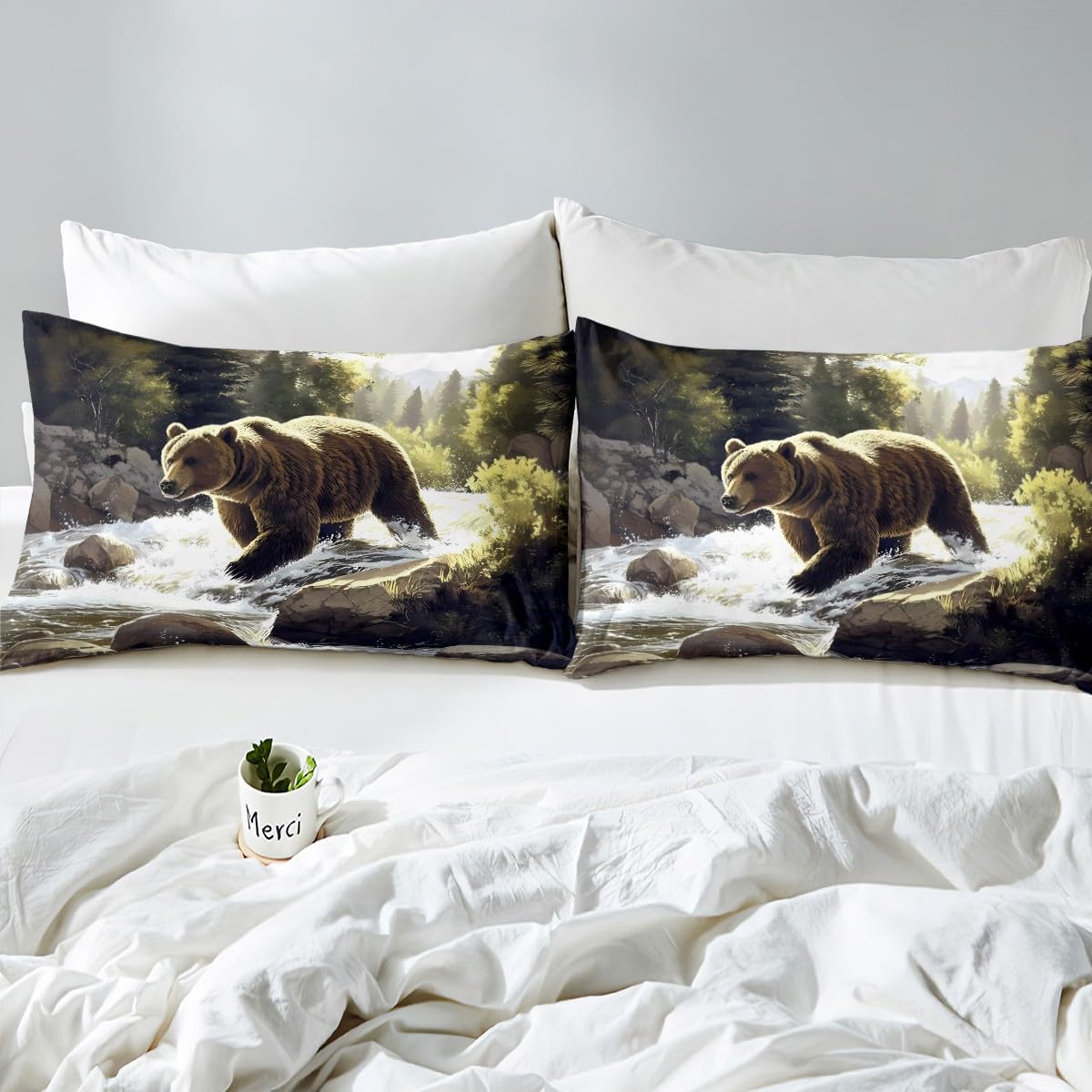 jejeloiu Bear Fitted Sheet with 1 Pillowcase Twin Size Black Bears Bed Sheets Set 16" Deep Pocket Boys Girls Cabin Bedding Countryside Teens Bedroom Decor Breathable Soft Lightweight Microfiber