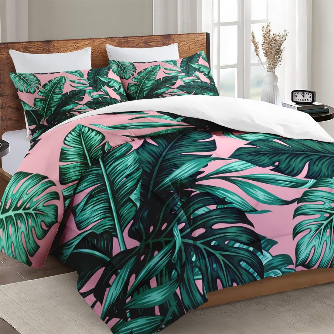 WeCozy Queen Size Comforter Set with 2 Pillowcases, Tropical Green Leaves Pink Leaf Soft 3 Pcs Bedding for Kids and Adults Bedroom Bed Decor