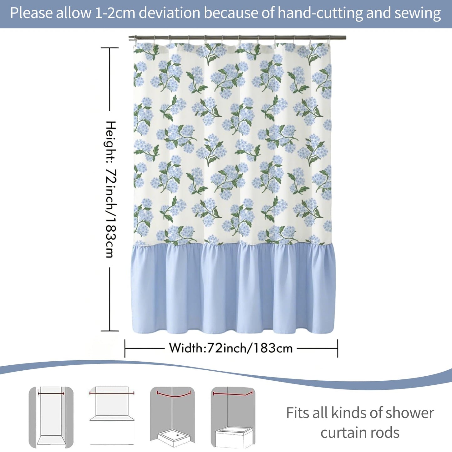 FYSUIMU Linen Textured Ruffle Shower Curtain with 12 Hooks Blue Hydrangea Floral Block Print Waterproof Bath Curtain for Summer Farmhouse French Country Bathroom Decor, 72 x 72 Inch