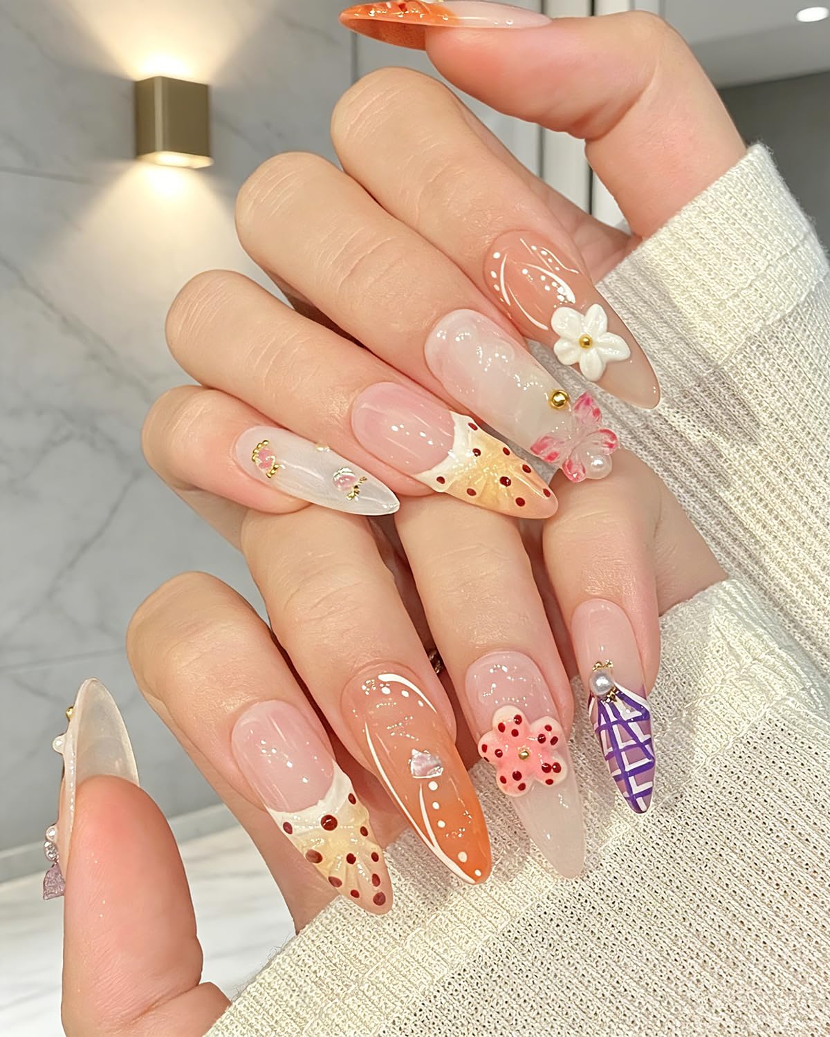 CAMILCY Handmade 3D Floral Butterfly Press On Nails Nude Orange French Almond Tips Fake Nails Luxury Hand‑Painted Rhinestone Pearl Salon Quality Reusable High‑End Custom Manicure for Women (B10, M)