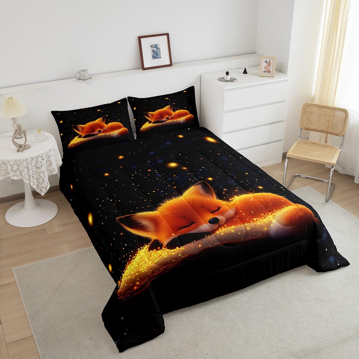 Feelyou Cute Fox Comforter Set Twin Size Kids Galaxy Fox Bedding Set for Boys Girls Teens Universe Animal Comforter Breathable Woodland Fox Duvet Set Glitter Wildlife Quilt Set