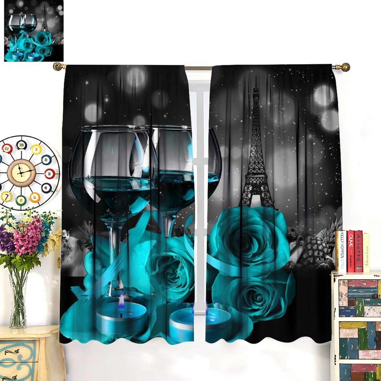 wlsgdsg Wine Curtains for Kitchen,Romantic Farmhouse Kitchen Fruit Cyan Rose Flower Candle Paris Tower Light Art Window Drapes Print for Boys Girls Bedroom Living Room 42x45in