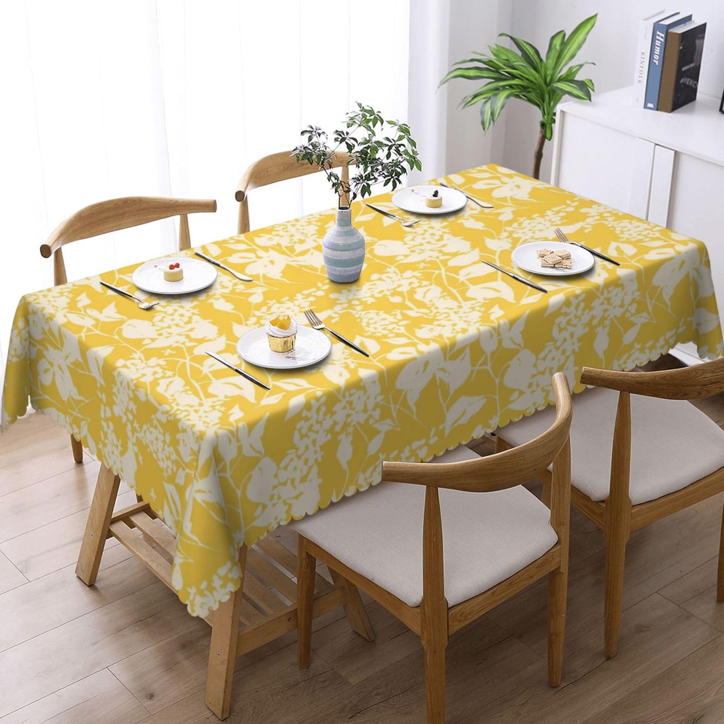 GOUROISE Bright Flowers Blooming Rectangular Tablecloth, Yellow Floral 54x72 Inch Wavy Lace Border Polyester Table Cloth for Dining, Kitchen, Parties
