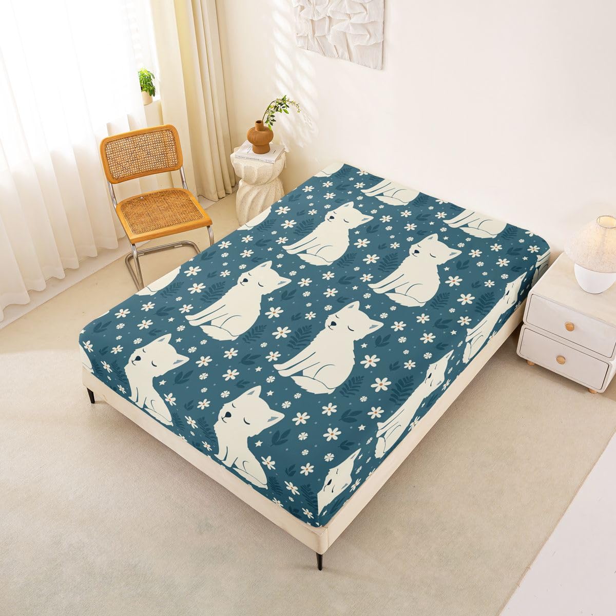 Castle Fairy White Fox Fitted Sheet Queen Size (No Flat),Beauty Floral Bedding Sets 3Pcs,Girls Boys Adult Room Decor,Wildlife Bed Cover Casual Rustic Deep Pocket Sheet,2 Pillowcases