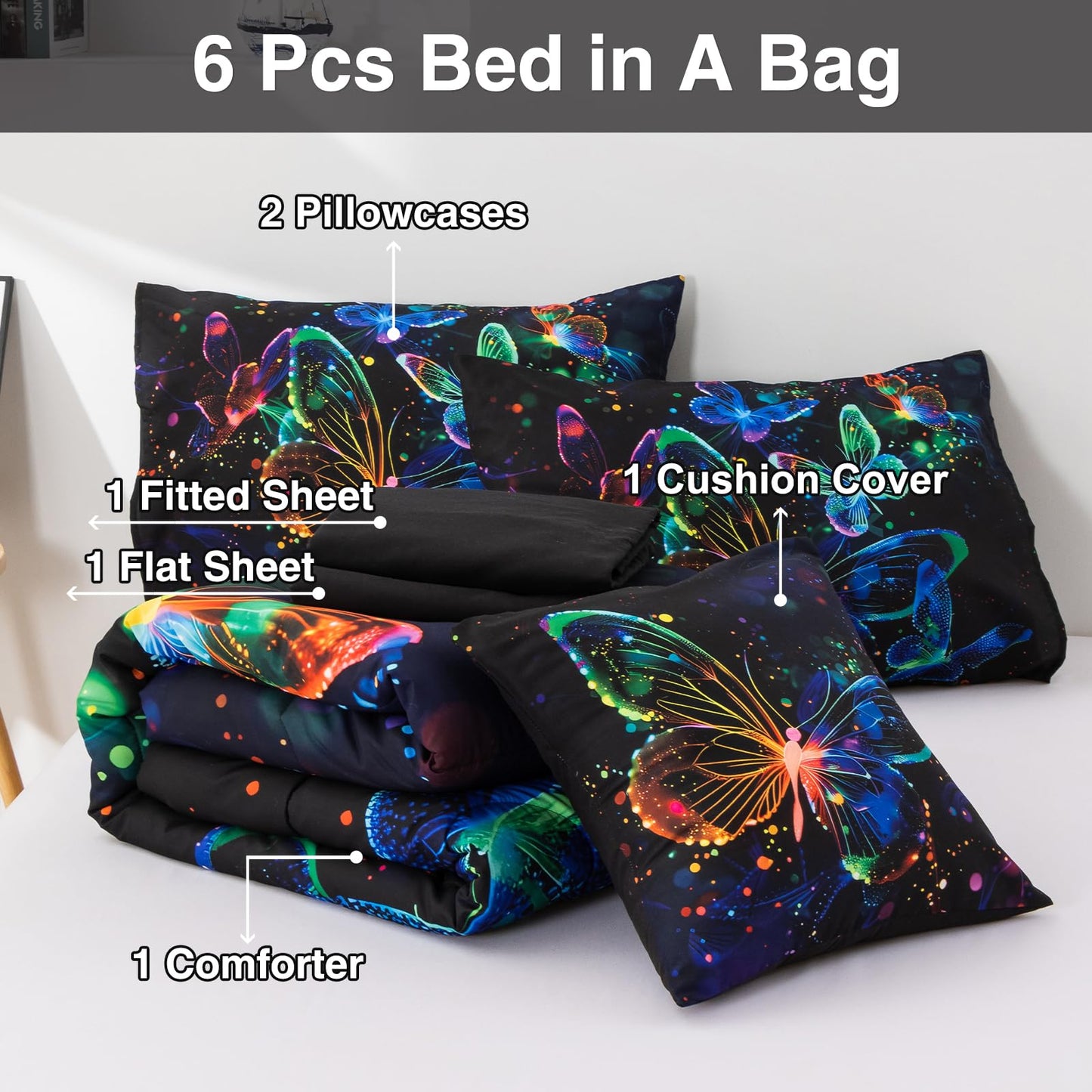 A Nice Night Galaxy Bedding Sets,3D Butterfly Flying in Space Printed,Like Glitter Butterflies 6pcs Bed in a Bag Twin Comforter Set, for Girls Boys Kids Teens