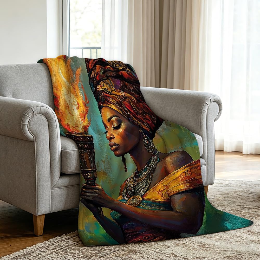 HUNXIAOJ African American Throw Blanket Black Girl Blanket African Gifts for Women Tribal Bedding Ethnic Decor Warm Soft Flannel for Sofa Couch (49in x 59in)