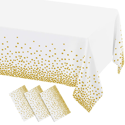 Smiry 3 Pack Dot Disposable Tablecloth, 54 x 132 Inch Waterproof Plastic Table Cloth, Decorative Table Covers for Picnic, Birthday, Party, Outdoor, Gold in White