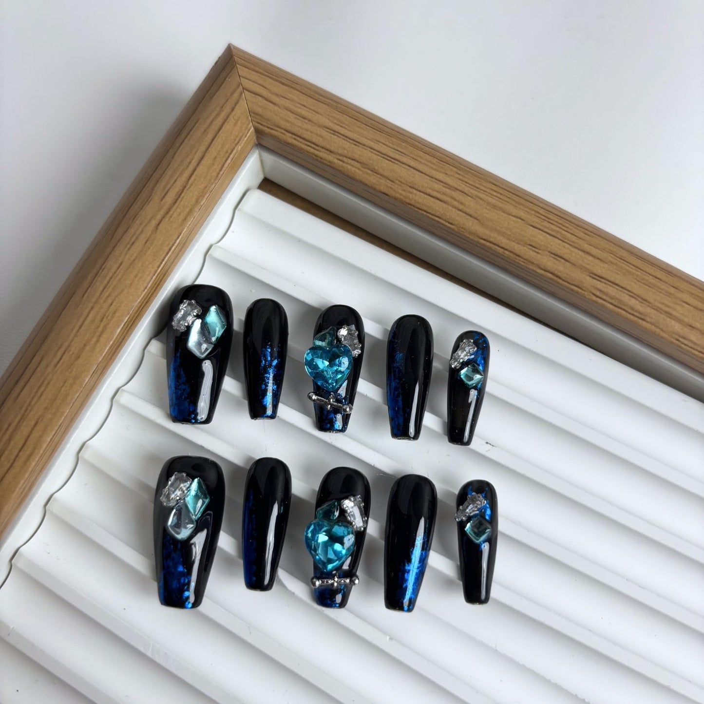 Yabonica Handmade Press On Nails Square, 10Pcs Dark Blue False Nails Press Ons with 3D Bling Rhinestones Design,Long Lasting&Reusable Glue On Fake Nail for Woman Girls Party Daily Wear Gift (080P, S)