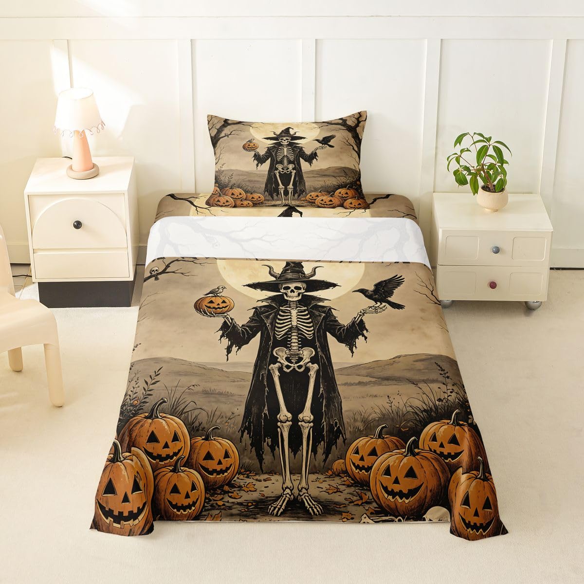 Erosebridal Halloween Skeleton Bed Sheets Twin Size Raven Full Moon Sheet Set Kids Adults Harvest Pumpkin Bedding Set Rustic Spooky Western Art Sheets