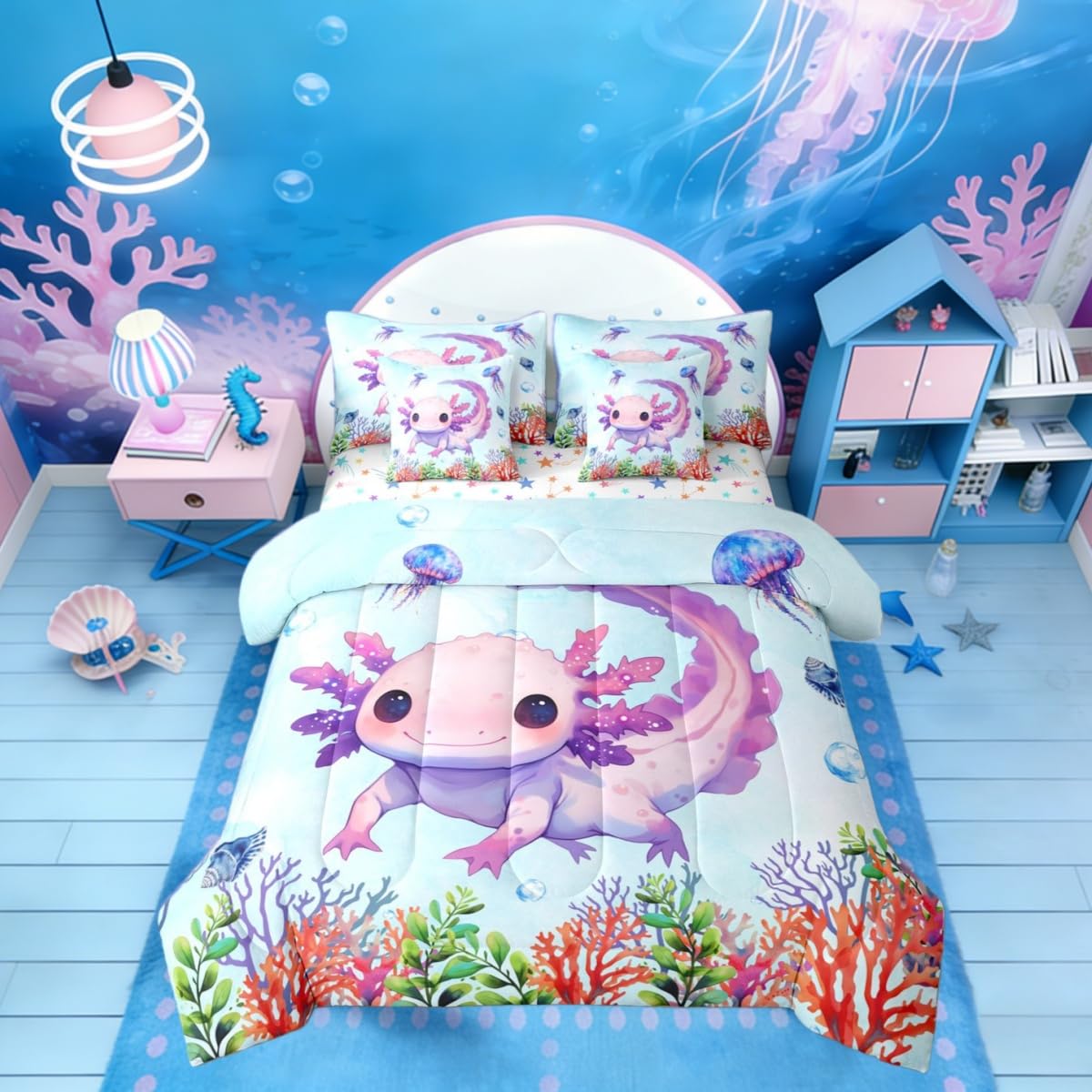 Erosebridal Coral Axolotl Blue Purple Ombre Girls 7 Piece Bedding Set Twin | Kawaii Cartoon Comforter Set with Sheets Ocean Sealife Cute Bed in A Bag Salamander Bed Sets