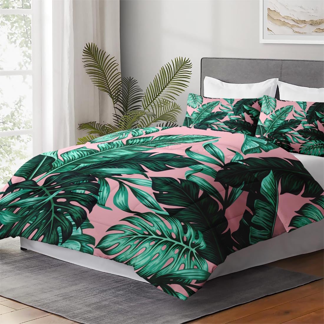 WeCozy Queen Size Comforter Set with 2 Pillowcases, Tropical Green Leaves Pink Leaf Soft 3 Pcs Bedding for Kids and Adults Bedroom Bed Decor