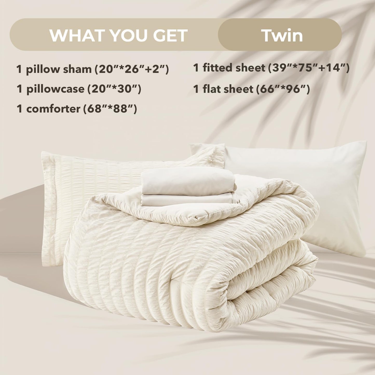 HYMOKEGE Ivory Twin Comforter Set Seersucker 5 Pieces, All Season Luxury Bed in a Bag for Bedroom, Bedding Set with Comforters, Sheets, Pillowcase & Shams