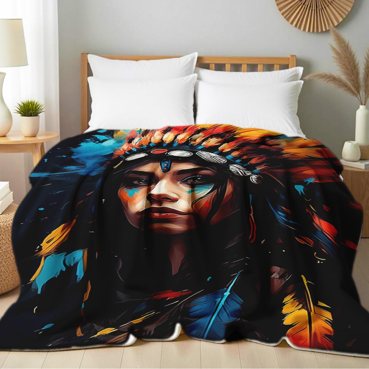 HUNXIAOJ Native American Indian Style Blankets Queen Size Native American Indian Gifts Western Decor Throw Blankets Bedding Warm Soft Flannel for Bed Couch (49"x59")