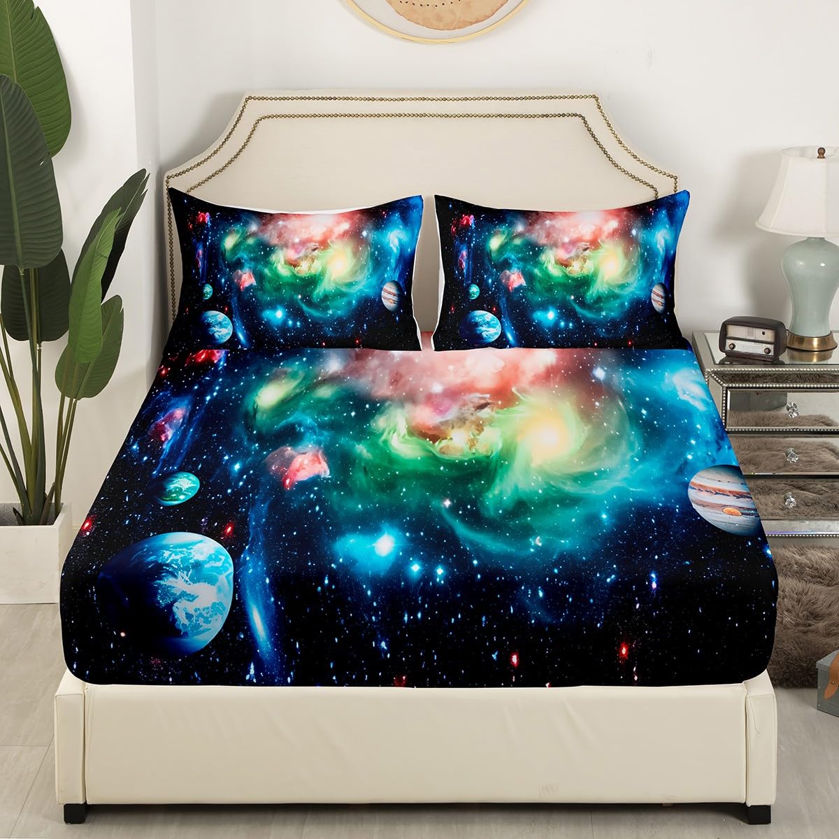 Feelyou 3D Galaxy Outer Space Bedding Set Kids Boys Girls Boho Psychedelic Fitted Sheet Universe Planet Bed Sheet Set Astronomical Bed Cover,Room Decor 3Pcs Sheets Full Size
