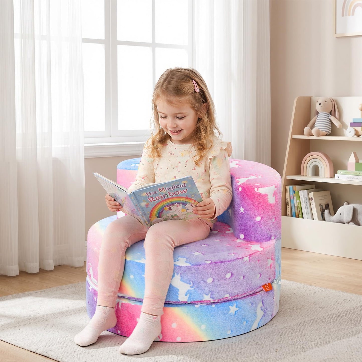 MeMoreCool Unicorn Kids Couch, Flip-Open Kids Chair, Glow Print, Rainbow