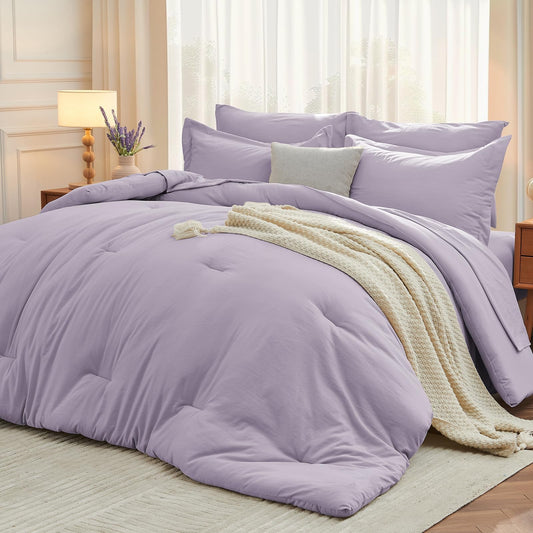 MUXHOMO 7 Pieces King Comforter Set, Soft Bed in a Bag King Size, All Season Bedding Set with Comforter, Flat Sheet, Fitted Sheet, Pillowcases & Shams, Lavender