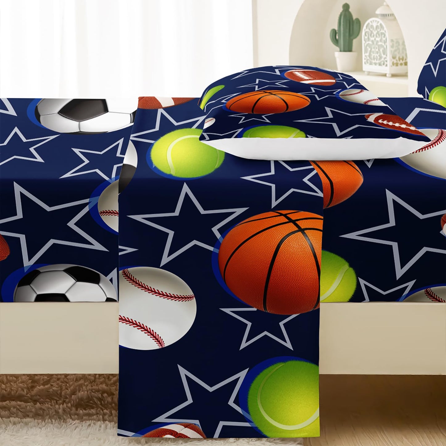 QOOMO Ball Print Kids Sheet Set Full Size,Soccer Basketball Bedding Set Lightweight for All Seasons,Blue Sets for Boy Room Decoration,1 Fitted Sheet,1 Flat Sheet,2 Pillow Cases