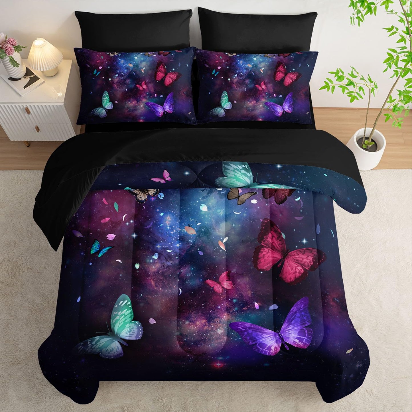 Smell Sunshine 7pcs Animals Comforter Set Purple Blue Dreamy Butterfly Printed Bedding Set with 1 Comforter, 1 Flat Sheet, 1 Fitted Sheet and 4 Pillowcases for Boys and Girls Bedroom (Twin