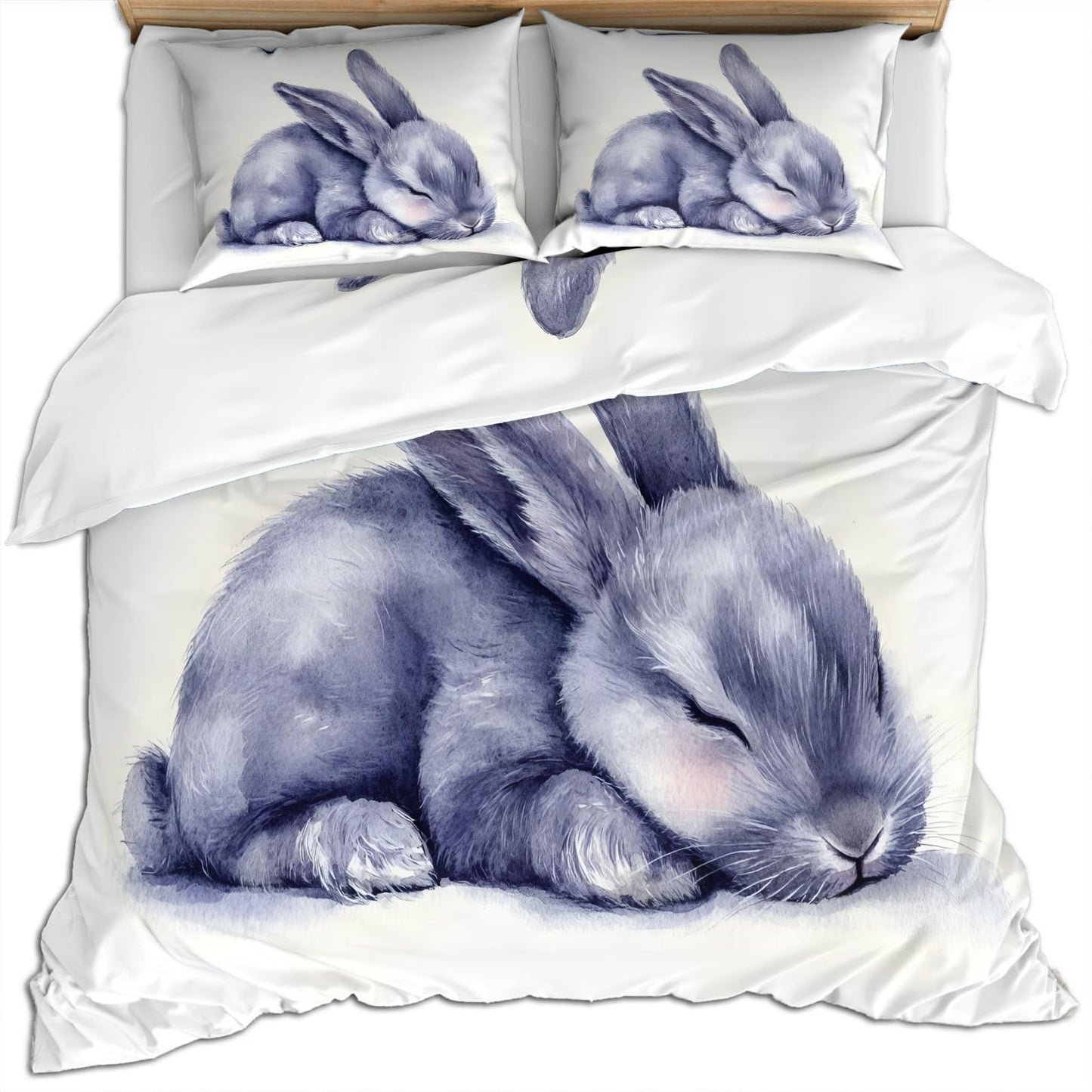 PAISUOQ Rabbit Duvet Cover Queen, Cute Animal Bedding Sets, Sleeping Bunny Comforter Cover with 2 Pillowcases, 3 Pieces with Zipper & Ties, Dorm Decor & Gifts