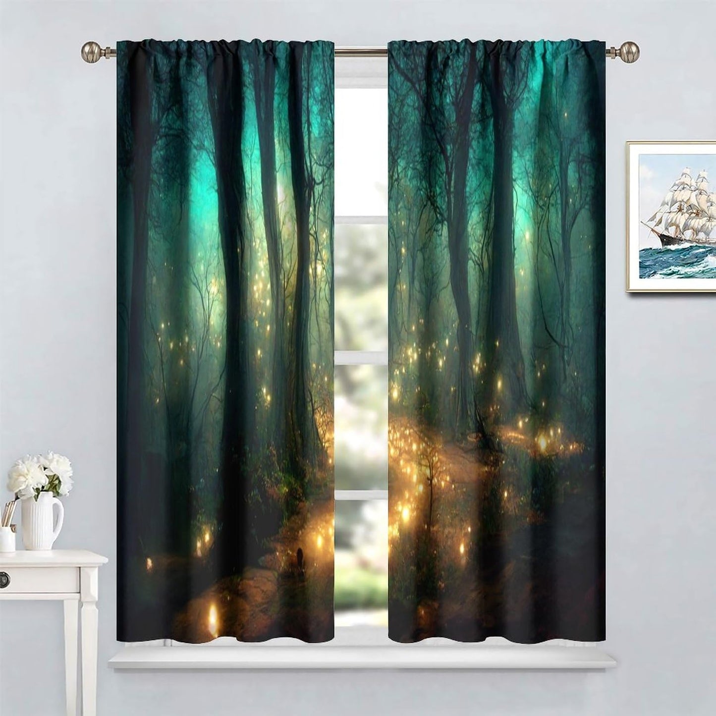 Fantasy Forest Curtains, Enchanted Trees Dreamy Mist Forest Glowing Lights Landscape Window Treatments Drapes for Bedroom Living Room 42x45in