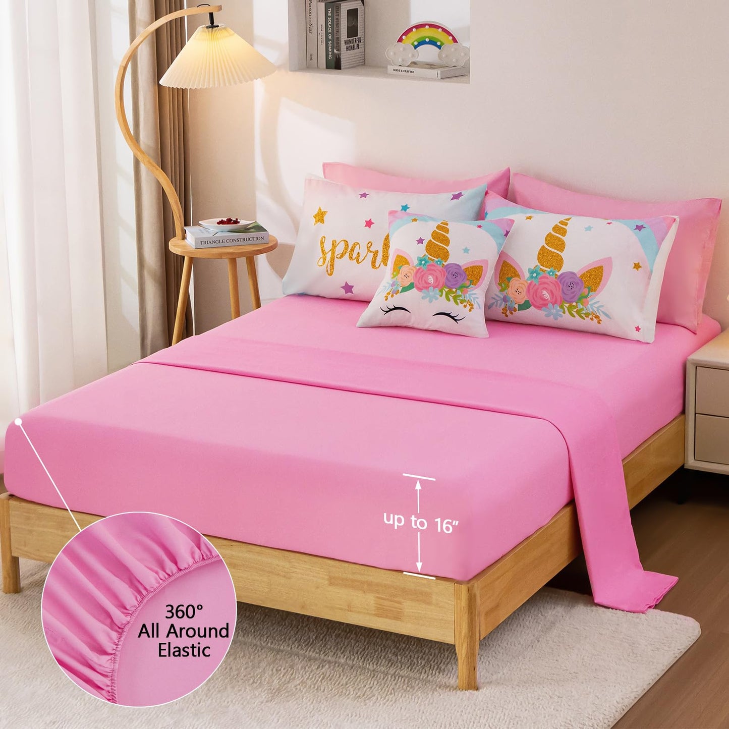 Keyroal 8Pcs Full Comforter Set with Sheet,Unicorn Flower Bedding Set for Kids,Pink Rainbow Bed in a Bag Bedding for Girls-Sparkle Unicorn