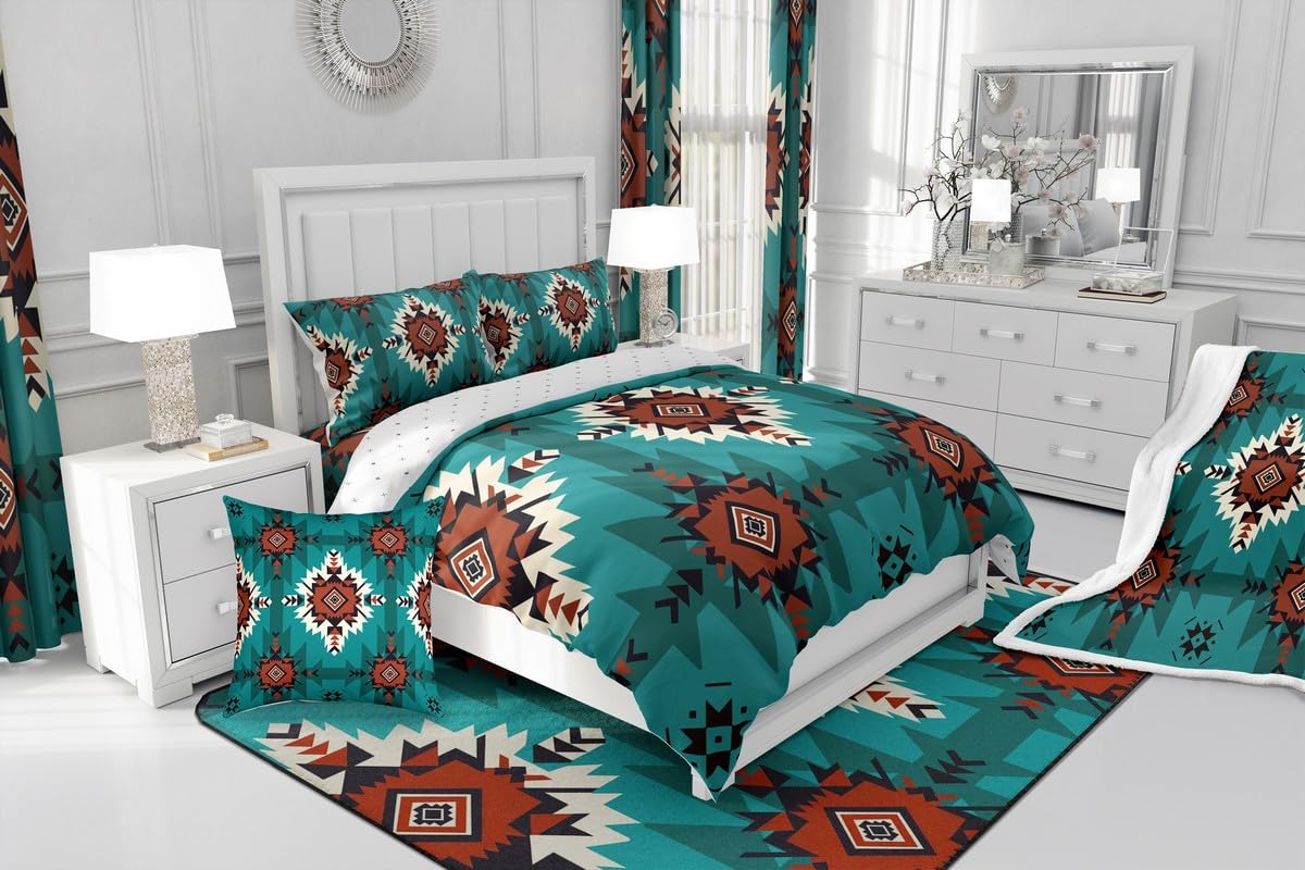 jejeloiu Native American Comforter Set Queen Size Western Aztec Bedding Set for Kids Boys Girls Boho Duvet Quilt Geometric Bedroom Decor Microfiber 3 Pcs with 2 Pillow Cases