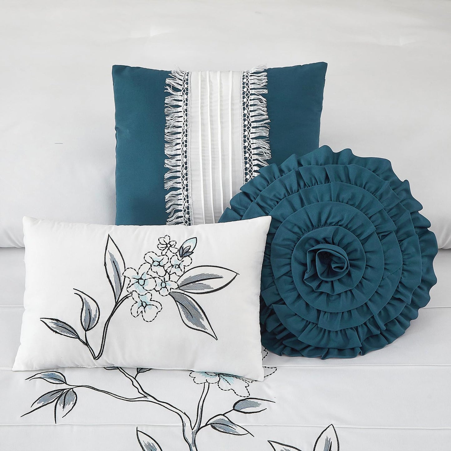 LANCO MODERN LIFESTYLE 7 Piece California King Comforter Set, Blue White, Floral Embroidery, Microfiber Pleating Bedding Set for All Seasons with Comforter, Bed Skirt, Pillow Shams and Decor Pillows