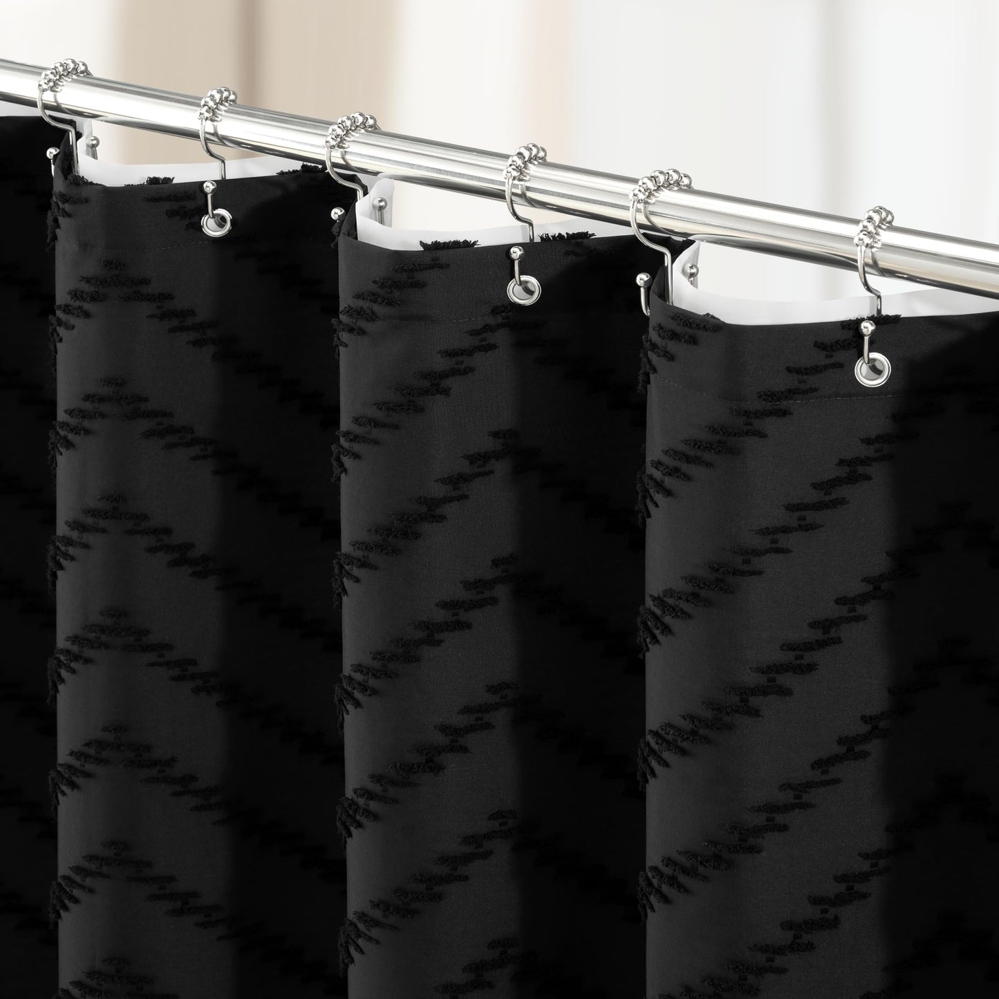 Dynamene Black Boho Shower Curtain and Liner Set, Farmhouse Fabric Shower Curtain and Waterproof Clear Liner, Tufted Chevron Striped Textured Tassel Shower Curtains for Bathroom with 12 Hooks, 72x72