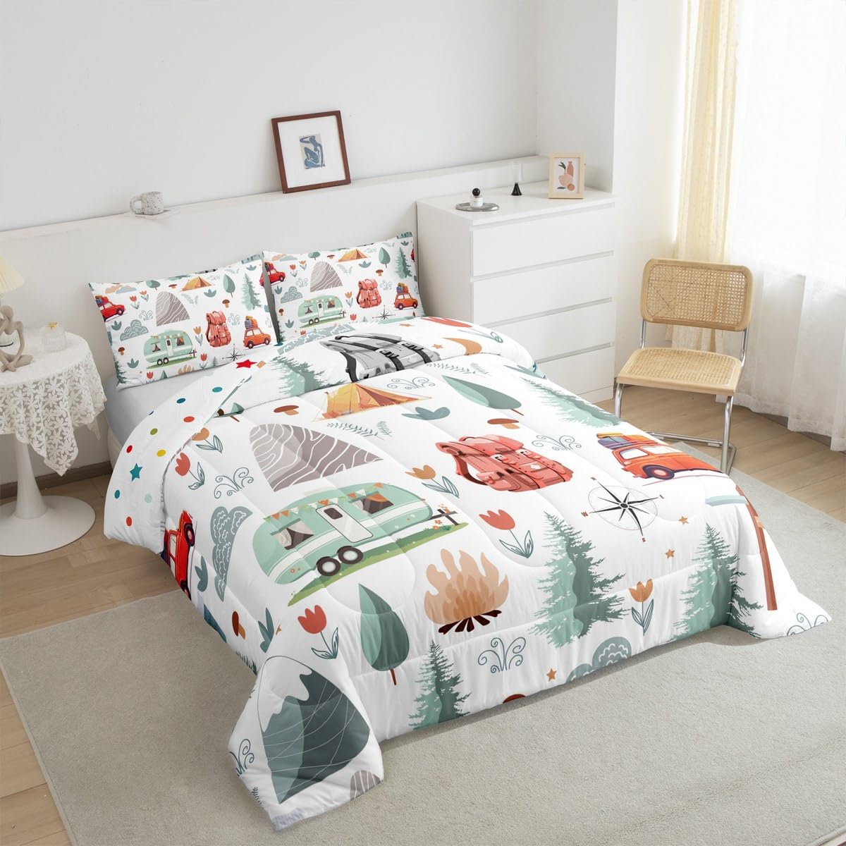 Kids Camper Theme Comforter Set Full 3Pcs, Happy Camping Bedding for Toddler, Travel Car Rv Accessories Down Comforter, Botanical Flowers Mountain Adventure Quilt, Cute Camper Duvet Set Room Decor